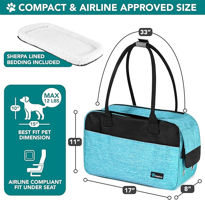 PetAmi Dog Purse Carrier for Small Dogs Cats, TSA Airline Approved Soft-Sided Pet Carrier with Pockets, Ventilated Travel Tote Bag with Bed & Shoulder Strap, Puppy Kitten, Max 12 lbs, Turquoise