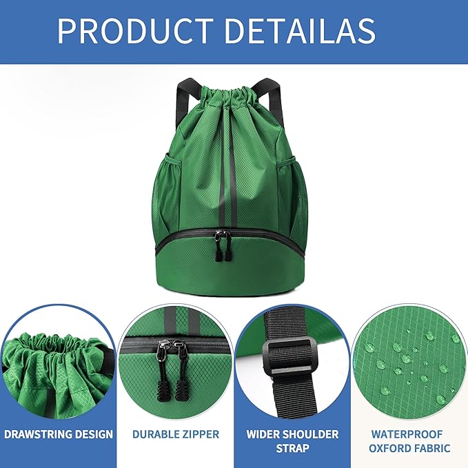 JELUTAR Drawstring Backpack Gym Bag with Shoes Compartment for Soccer, Basketball, Swim, Water-Resistant String Backpack Beach Cinch for Women Men, Dark Green, Medium
