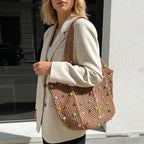 Boho Crochet Beach Tote Shoulder Bag with Colored Beads | Colorful Aesthetic Hippie Knit Bag for Women