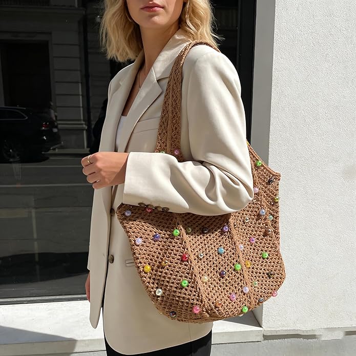 Boho Crochet Beach Tote Shoulder Bag with Colored Beads | Colorful Aesthetic Hippie Knit Bag for Women