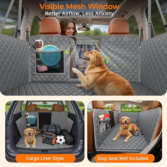 URPOWER XL Dog Backseat Extender for Full-Size Crew Cab Truck, Hard Bottom Dog Car Seat Cover for Back Seat Holds 400lbs, Waterproof Dog Hammock Pet Rear Seat Protector Travel Bed for F150 / Silverado
