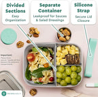 Everusely - Bento Box - Green, 47oz / 1.4 L - Large Stainless Steel Lunch Box with Leakproof Condiment Container - 3 Compartment Snack Organizer for On the Go Meals - Freezer & Dishwasher Safe