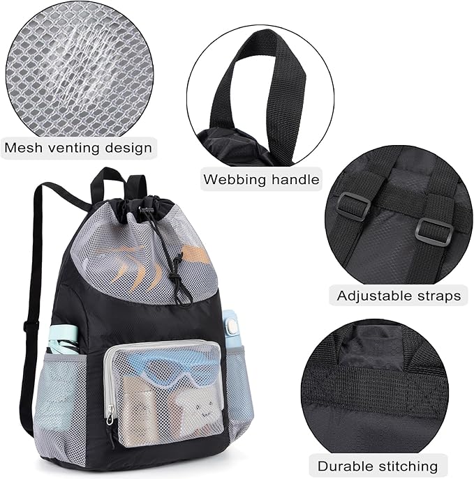 Swim Bag for Kids Mesh Beach Backpack for Boys Lightweight Drawstring Beach Bag Swimming Pool Sports Gym String Bag (Black)
