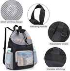 Swim Bag for Kids Mesh Beach Backpack for Boys Lightweight Drawstring Beach Bag Swimming Pool Sports Gym String Bag (Black)