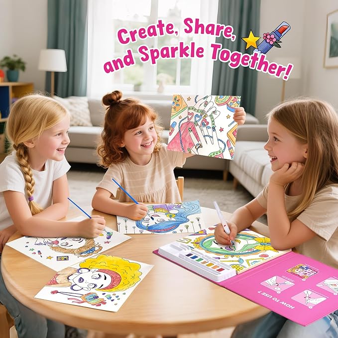 JoyCat Paint with Water Coloring Books for Toddlers, Watercolor Painting Sets for Kids Ages 3-5 4-8, Arts and Crafts Drawing Activities Toy Birthday Gifts for Boys Girls (Makeup & Manicures)