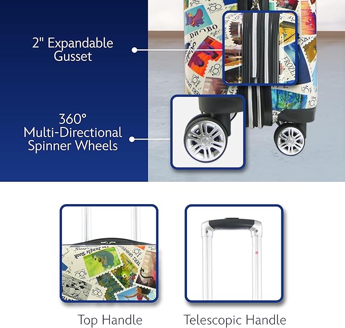 FUL Disney Stamps 22 Inch Carry On Luggage, Hardshell Rolling Suitcase with Spinner Wheels, Multi