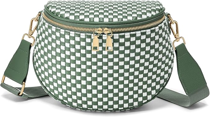 Trendy Woven Checkered Crossbody Bum Bag for Women，PU Leather Checkered Purse Fanny Packs Belt Bag (Woven Bum Bag - Bean Green White)
