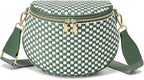 Trendy Woven Checkered Crossbody Bum Bag for Women，PU Leather Checkered Purse Fanny Packs Belt Bag (Woven Bum Bag - Bean Green White)