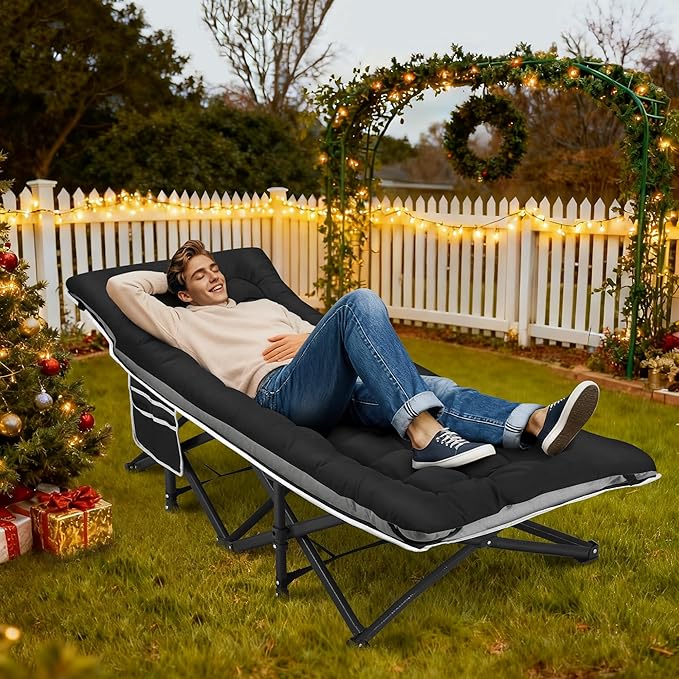Fragess Portable Camping Cot, Sleeping Cots for Adults, 28" Extra Wide Heavy Duty Folding Cot Max Load 600LBS with Thick Mattress, Portable Camping Bed for Outdoor Camp/Office, Home Nap (Black)