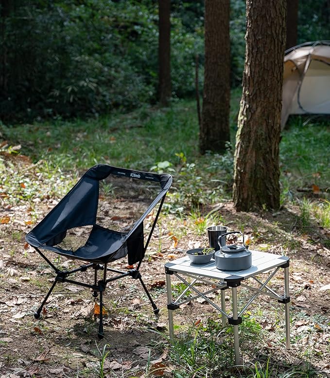 iClimb Ultralight Compact Camping Folding Beach Chair with Anti-Sinking Large Feet and Back Support Webbing (Black - Square Frame - 2PC)