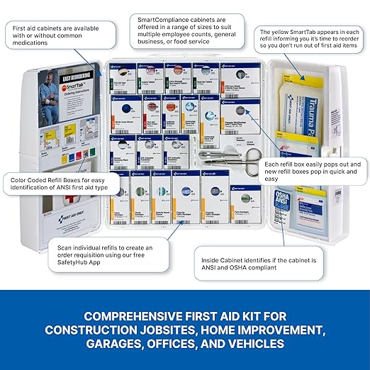 First Aid Only 1000-FAE-0103 SmartCompliance 50-Person OSHA Compliant First Aid Kit for Business, Large Plastic First Aid Cabinet with Medications, 245 Pieces