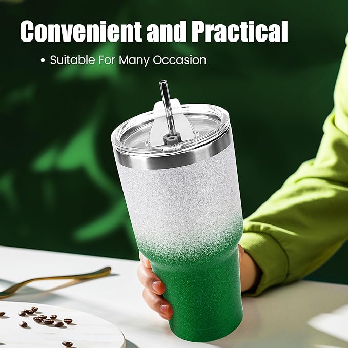 D·S 30 oz Tumbler Christmas Green Glitter Gradient Cup Stainless Steel Double Wall Vacuum Insulated Mug with Straw and Lid, Cleaning Brush for Cold and Hot Beverages