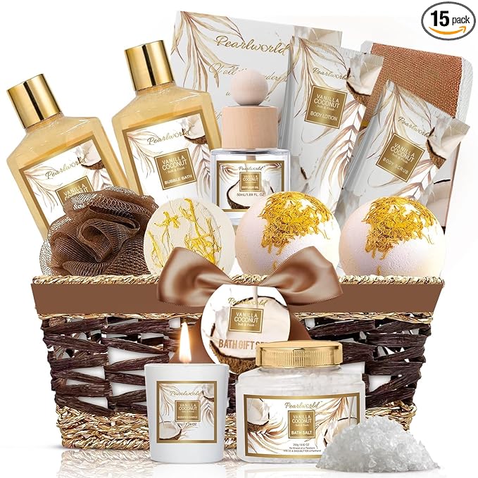 Mother's Day Gifts Basket for Women, 15pcs Vanilla Coconut Bath Set with Shower Gel, Bubble Bath, Diffuser Oil, Scented Candle, Skin Care Kit Birthday Gift for Women