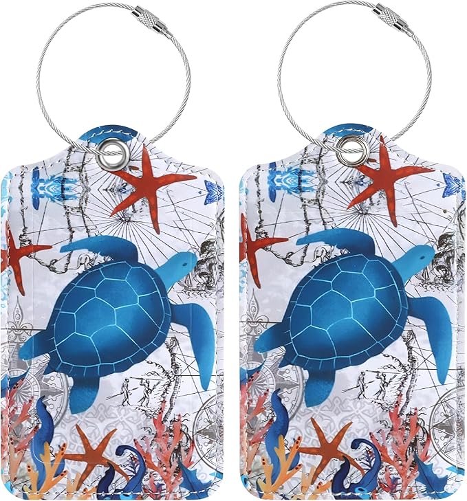 Luggage Tags for Suitcases, 2 Pack Cute PU Leather Luggage Tag TSA Approved with Stainless Steel Loop and Address Card Baggage Tag for Travel&Cruise Ships&Shipping Sea Turtle, by Chelmon