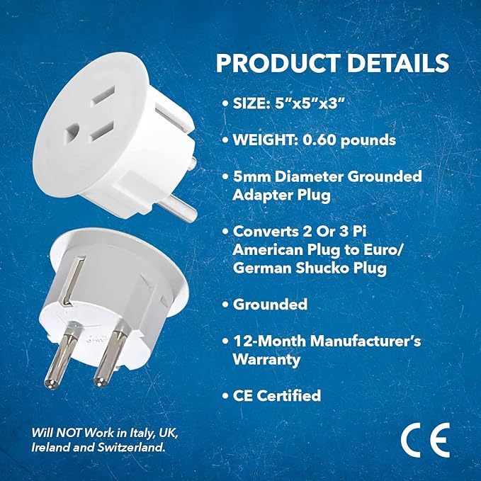 OREI American USA To European plug adapter – Type E/F schuko plug adapter - Use in Germany, France, & more - CE Certified – For Mobile, Laptop & Camera Chargers - 2 Pack