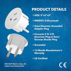 OREI American USA To European plug adapter – Type E/F schuko plug adapter - Use in Germany, France, & more - CE Certified – For Mobile, Laptop & Camera Chargers - 2 Pack