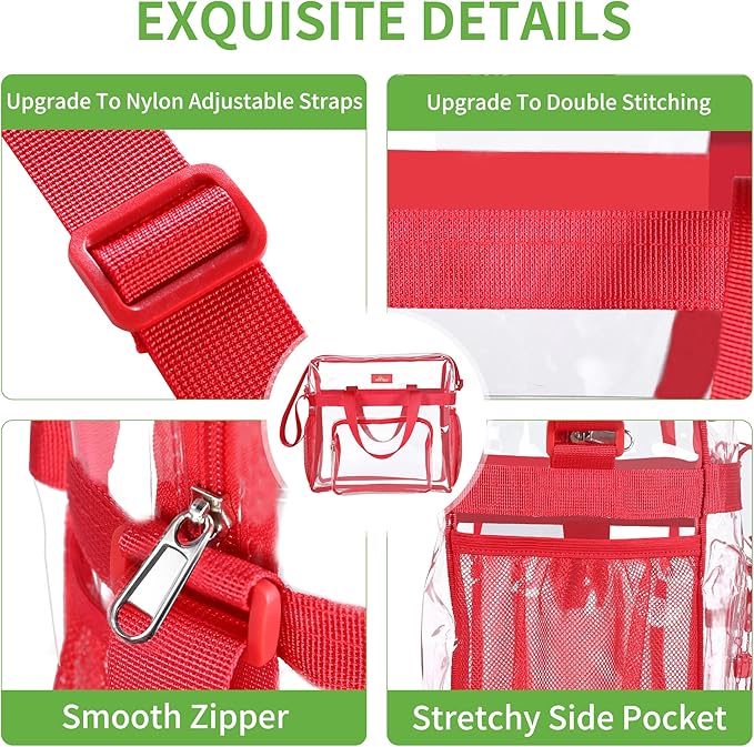 MAY TREE Clear Bag for Stadium Events 12×6×12 Clear Tote Lunch Bag with Reinforced Straps for Work, Sporting Events and Gym, Red