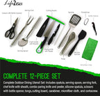 Life2Go 12 Piece Stainless Steel Camping Cooking Utensils Set, Portable Outdoor Kitchen Kit with Chef Knife, Tongs, Spatula, Scissors, Camp Cooking Gear with Carry Case for Hiking, BBQ & Travel, Gray