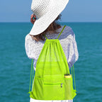 NATURAL STYLE Mesh Drawstring Backpack Bag, Gym Sports Bag with Zipper Pocket Bottle Holder, String Beach Bag for Swiming Travel (Green)