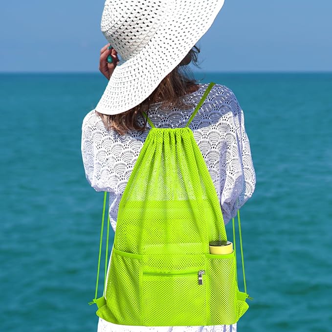 NATURAL STYLE Mesh Drawstring Backpack Bag, Gym Sports Bag with Zipper Pocket Bottle Holder, String Beach Bag for Swiming Travel (Green)