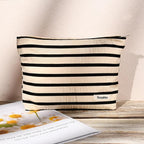 SOIDRAM 2 Pieces Makeup Bag Large Stripe Cosmetic Bag Capacity Canvas Travel Toiletry Bag Organizer Cute Makeup Brushes Aesthetic Accessories Storage Bag for Women, Stripe L Black White