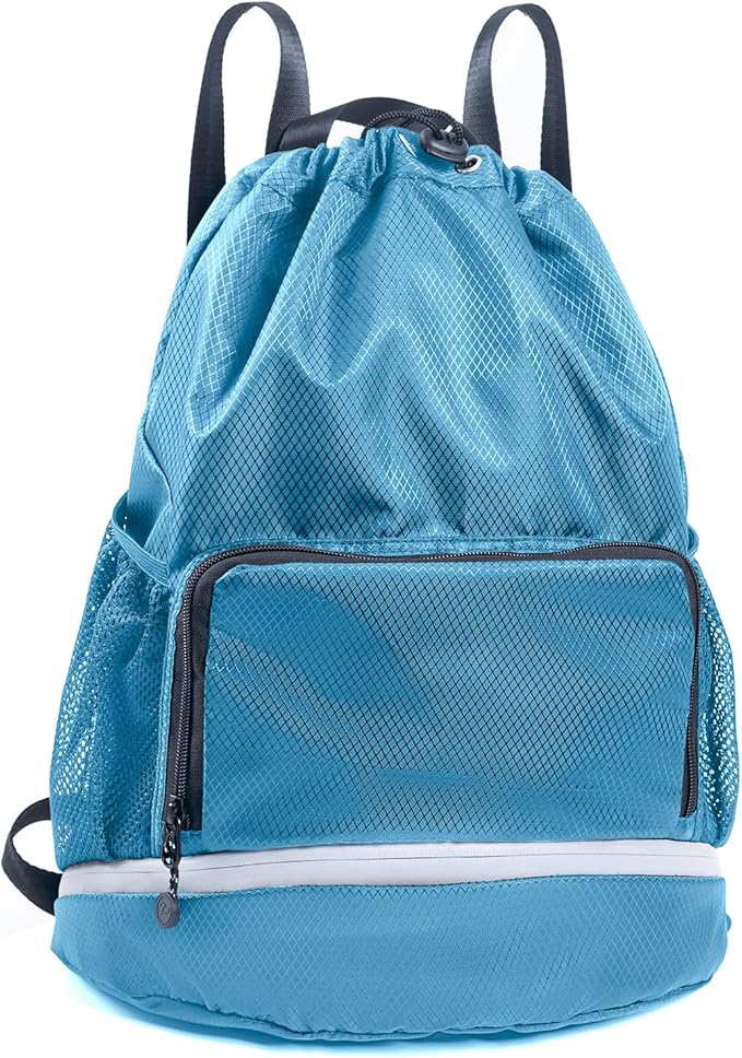 Swim Beach Sports Drawstring Backpack - Gym Bag with Shoes Compartment and Waterproof Pocket for Gym Accessories, Swim Essentials - Kids Mens Beach Workout Bag