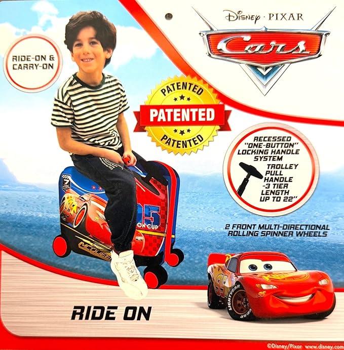 Fast Forward Ride-On 18" Suitcase For Kids/Tow-Along Toddler Carry-On Luggage With Wheels (Cars II)