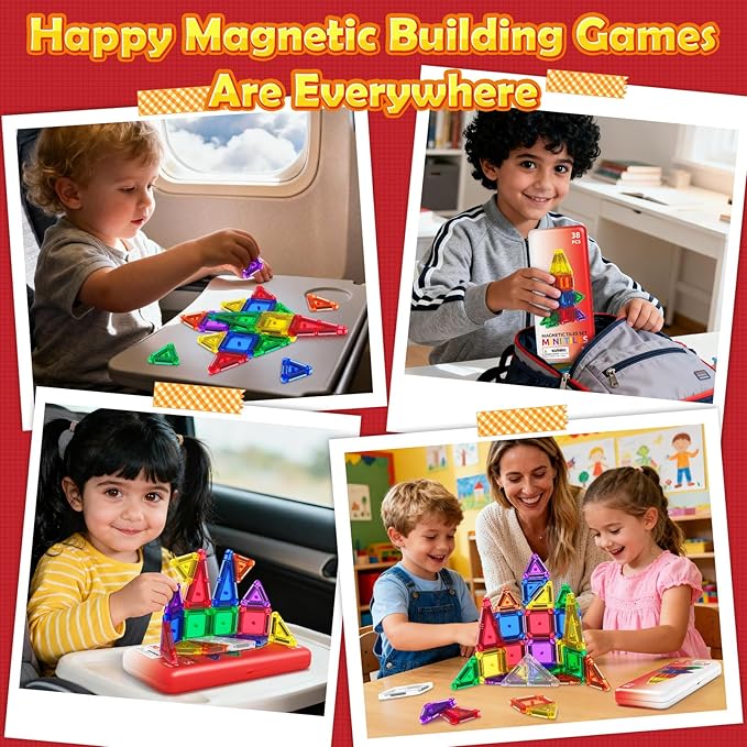 ORZbb Travel Mini Magnetic Tiles with Case Toddler Road Trip Essentials Set, Magnetic Blocks Building Toys for 3+ Year Old Boys Girls Preschool Montessori Sensory Learning Birthday Gifts