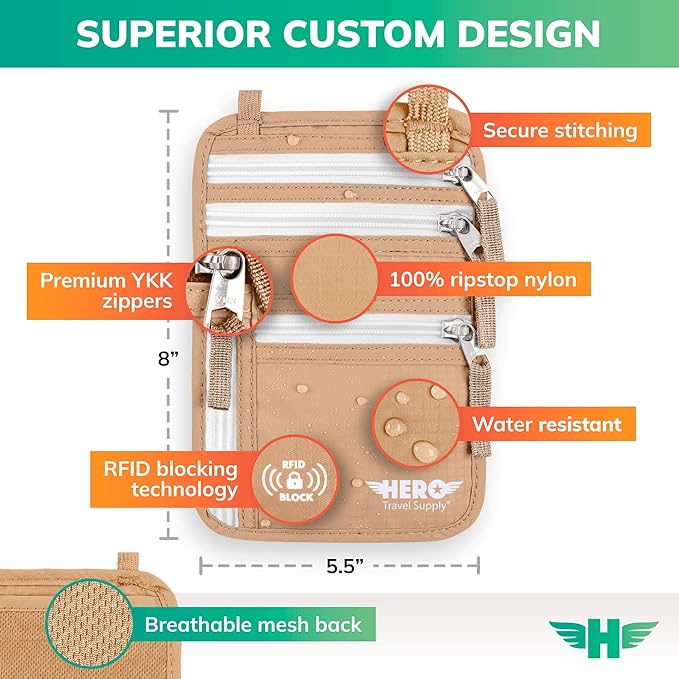 HERO Neck Wallet - RFID Blocking Passport Holder, Easy to Conceal Travel Pouch (Beige)