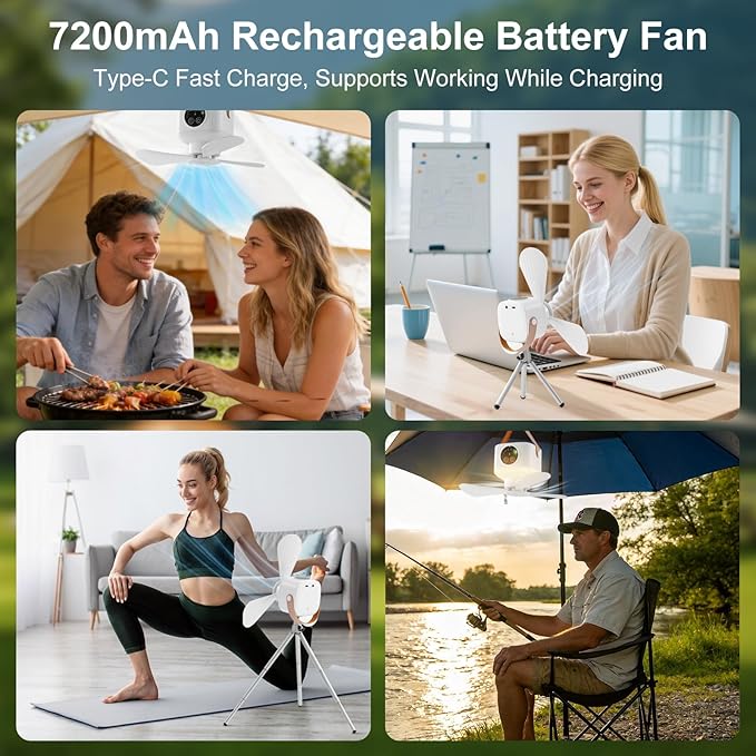 Portable Camping Fan with Lights,LED Hanging Ceiling Fan With Remote&Timer, 9.25" Wireless Rechargeable Tent Fan,4 Speeds&Brightness for Canopy, Beach, RV, Car, Camper,Outdoor,Indoor