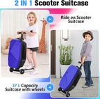 Scooter Luggage For Kids & Adults， Hardside Ride On Suitcase For Kids Ages 4-15 Multifunctional Lightweight Foldable Carry On Luggage With Wheels Ride On For Children Teenagers (Indigo Blue, 20")