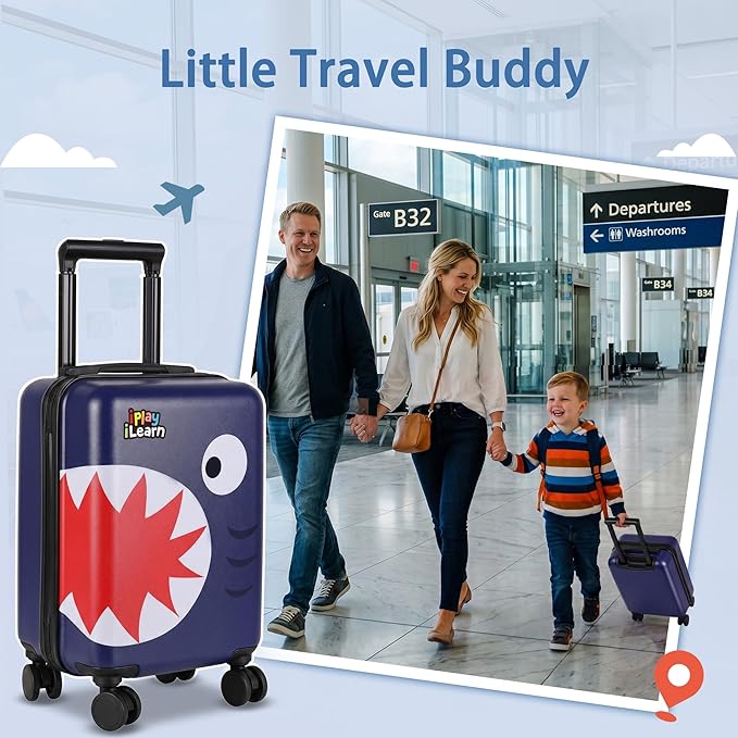 iPlay, iLearn Shark Kids Luggage, Boys Carry on Suitcase, 18" Hardside Travel Luggage Set, Toddlers Rolling Suitcase W/ 4 Spinner Wheels, Children Holiday Birthday Gifts