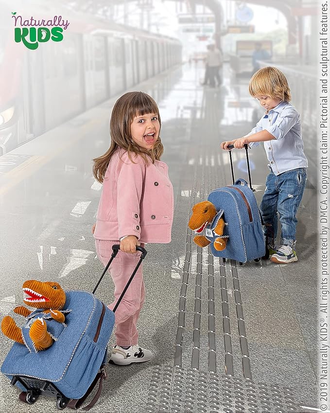【Upgraded】Toddler Luggage for Boys w Removable Dinosaur Toy | Side & Inner Pockets, Reflective Logo, Name Tag | Kids Rolling Backpack | Travel & Birthday Gifts for 3 4 5 6 Year Old