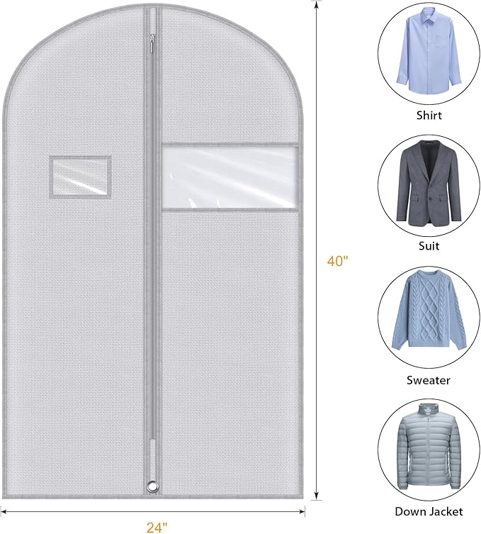 Syeeiex 40" Suit Bag, Set of 5 Garment Bags for Hanging Clothes, Suit Bags for Closet Storage, Garment Bags for Storage Suits,T-shirts, Jackets and Coats(Grey Pattern)