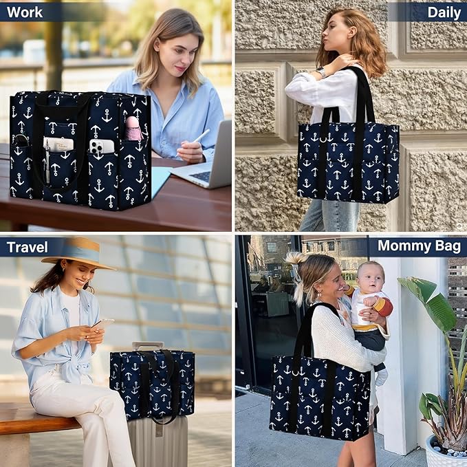 Becokan Large Tote Bag for Women Waterproof with 12 Pockets Top Zipper Closure Utility Teacher Nurse Bags for Work School