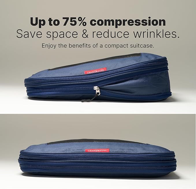 LeanTravel Premium Compression Packing Cubes for Travel - Suitcase Organizer Bags with Double Zipper & Breathable Mesh Panel - Space Saving Carry On Luggage Essentials (6-Pack, Navy Blue)