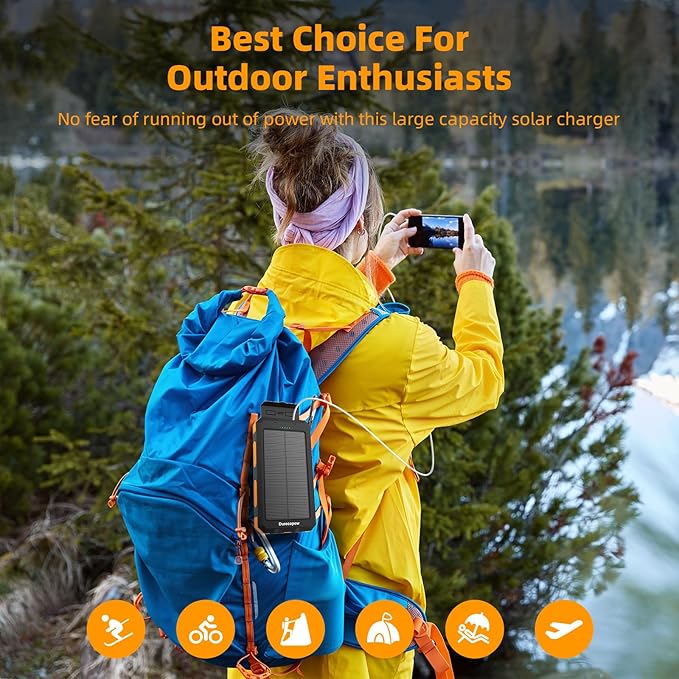 Durecopow Solar Charger Power Bank 20,000mAh, Portable Charger, 4 Cables 3 Ports Fast Charging External Battery Pack with USB C for Cell Phones, Solar Panel Charger with Dual Flashlight for Camping