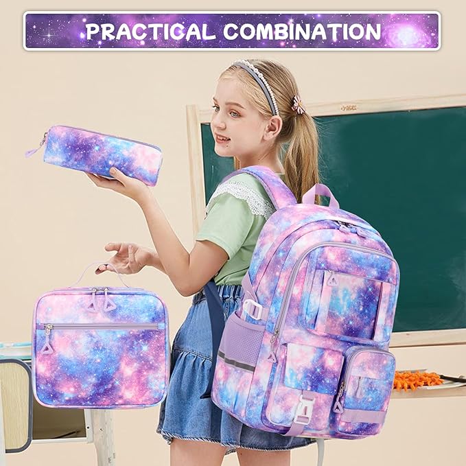 PIG PIG GIRL Backpack for Girls 3pcs Set Kids Backpack with Lunch Box Students Kawaii Book Bag for Elementary Primary Middle School Bags - Ita Backpack - Galaxy
