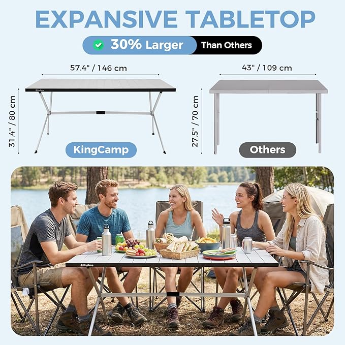 KingCamp Large Folding Camping Table Aluminum Roll Up Table Oversized Camp Table Stable Portable Outdoor Folding Table for Picnic Camping BBQ Backyard Party, 57.4''×31.4'' 6-8 Person,Support 176lbs