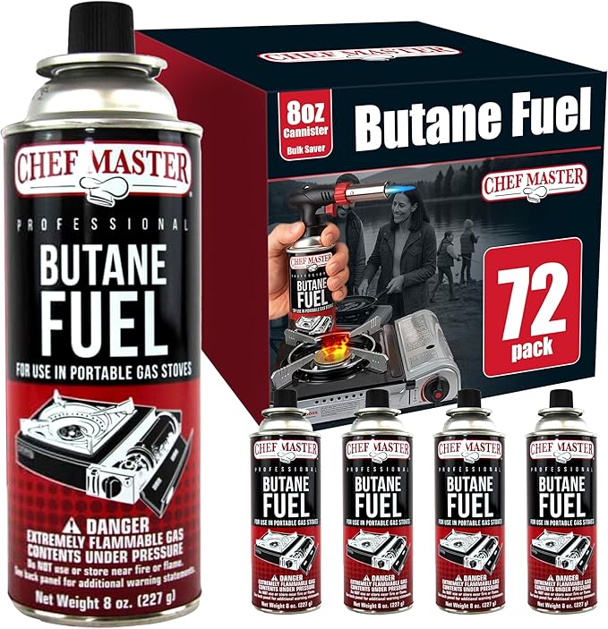 Chef Master 72x 8oz Butane Fuel Canister - Butane Torch Refill & Camp Stove Fuel - Gas Canister for Picnics, Outdoor Cooking, Grilling - Camp Stove, Torch Fuel Camping Essentials - 90340