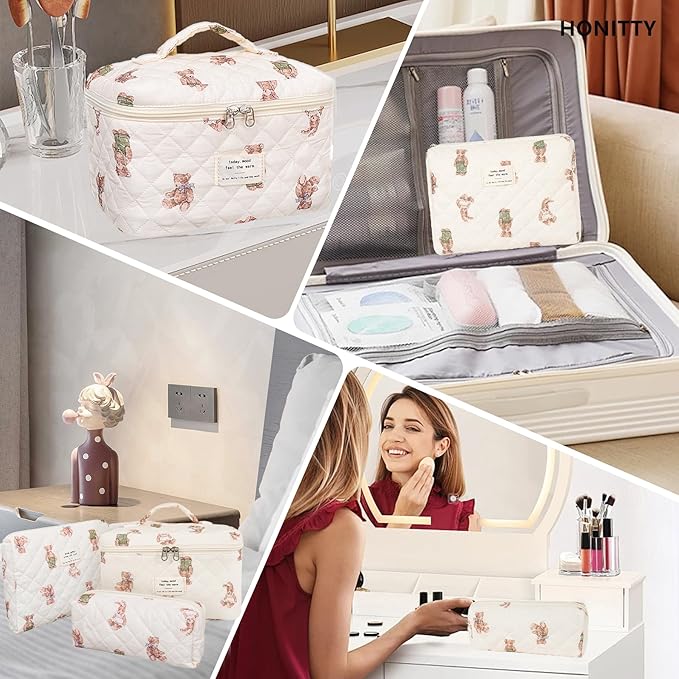 honitty Makeup Bag,Quilted Cosmetic Bag,Large Floral Make Up Bag for Women,Cotton Makeup Bag Set,Flower Travel Toiletry Bag