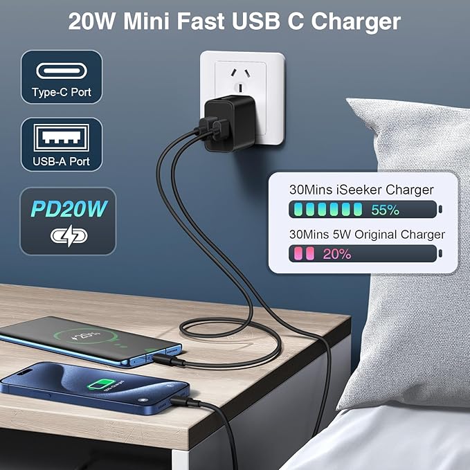 USB C Wall/Car Charger,38W Dual USB-C+USB-A Cigarette Lighter Adapter, 20W Fast Charging Block+2 X 6FT Type-C Cables for iPhone 16,16e,15,Samsung S25, S24 Ultra Pixel Cargador para Carro Plug