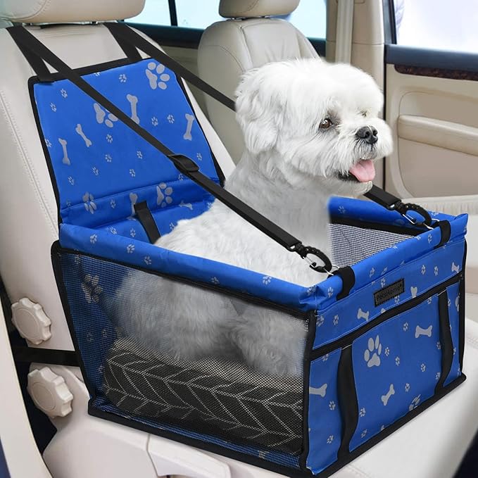 Dog Car Seat Foldable Dog Car Booster Seat Waterproof Breathable Oxford Travel Bag for Small to Medium Dogs, Puppies, and Pets-Pattern Blue+Mat