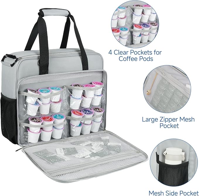 LEFOR·Z Coffee Maker Travel Bag Compatible with Keurig K-Slim/K-Express/K-Iced/Ninja PB051/PB041ST,Single Serve Coffee Brewer Carrying Case with Multiple Pockets for K-Cup Pods,Grey(Bag Only)