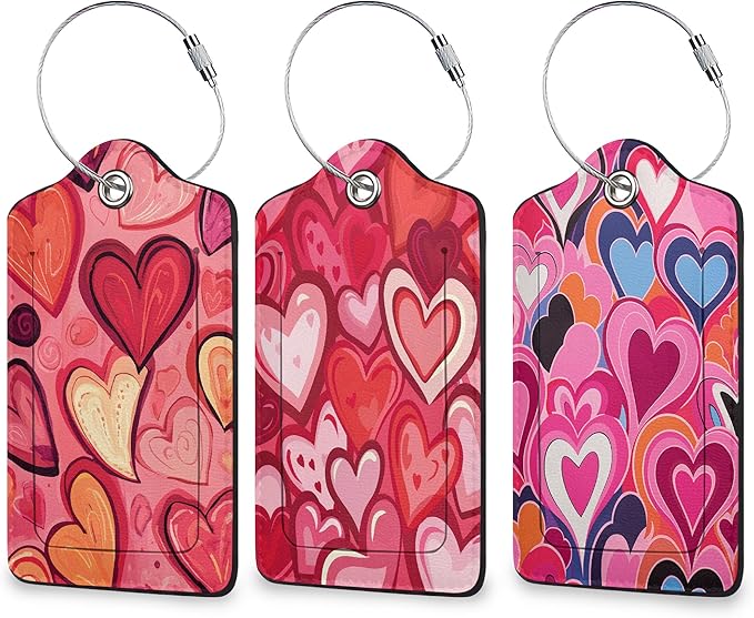 Love Luggage Tags for Suitcases, 3 Pack Leather Bag Tag Identifiers with Stainless Steel Loop and Address Card for Men Women