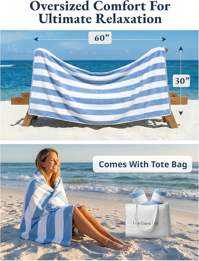 LANE LINEN 100% Cotton Beach Towel- Pack of 4 Beach Towels Set, Cabana Stripe Pool Oversized Beach Towels for Adults (30" x 60”), Highly Absorbent, Large Beach Towel, Quick Dry Towel - Light Blue