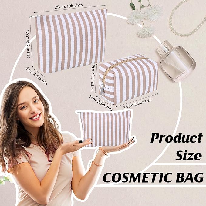 Huhumy 2 Pcs Makeup Bag Set Cute Cosmetic Pouch for Women Seersucker Travel Toiletry Bag Preppy Small Makeup Purse Pouch Aesthetic Skincare Brushes Storage Organizer for Valentine Women(Khaki Wide)