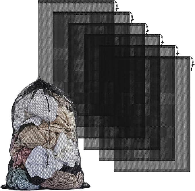 6PCS Black Mesh Bag Drawstring, 23 x 35 Inch Net Bag with Lock, Multipurpose Storage Bags for Gym, Laundry, Balls, Beach and Toys
