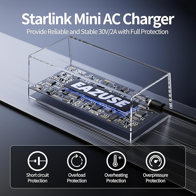 Starlink Mini Power Supply, 60W Starlink Mini Power Adapter AC Charger Wall Plug Steady 30V/2A with 1.8M Extension Cable Compatible with 150FT DC Power Cable
