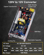 New Version 110V AC to 12V DC Converter 12V Power Supply, Universal SMPS Transformer for RV, Pump, LED Strip, CCTV, Car Stereo,Diesel Heater (1200W Power Supply)